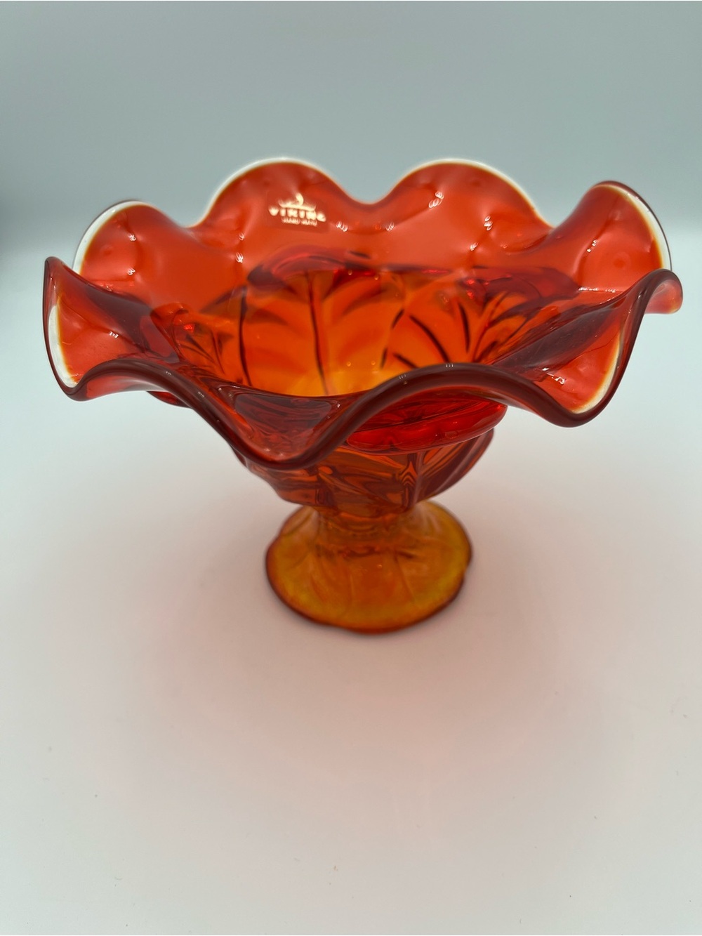 Viking Amberina Orange Hankerchief Pedestal Compote Bowl Vintage MCM Art Glass
